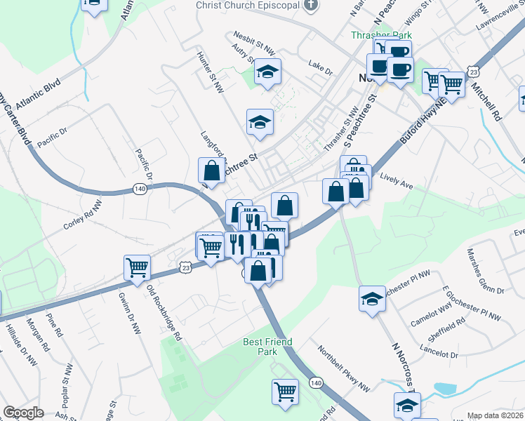 map of restaurants, bars, coffee shops, grocery stores, and more near 781 South Peachtree Street in Peachtree Corners