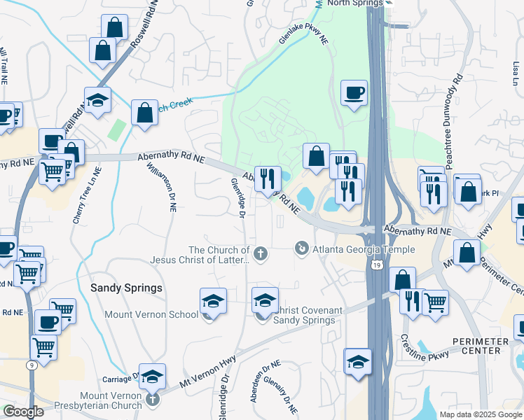 map of restaurants, bars, coffee shops, grocery stores, and more near 6600 Alastair Drive in Sandy Springs
