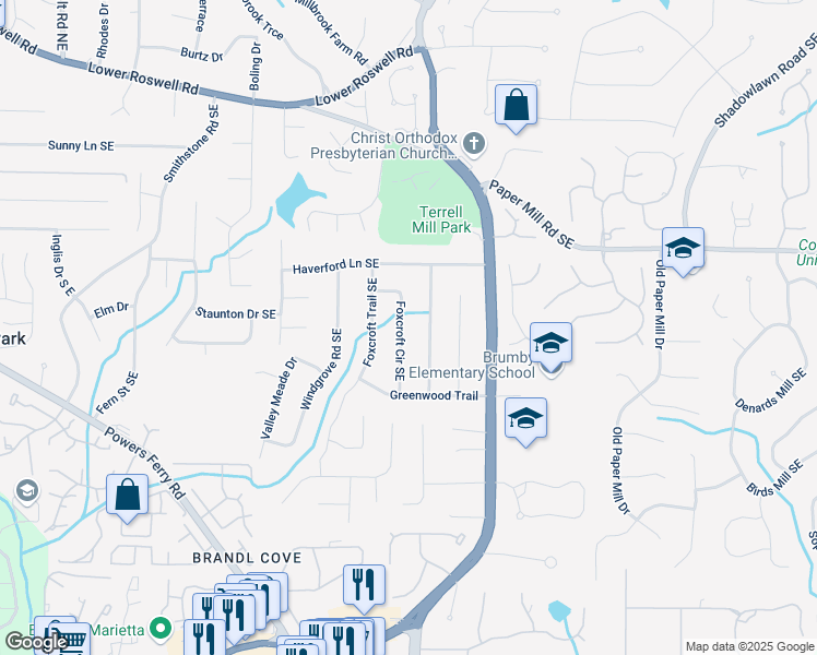 map of restaurants, bars, coffee shops, grocery stores, and more near 663 Foxcroft Circle Southeast in Marietta
