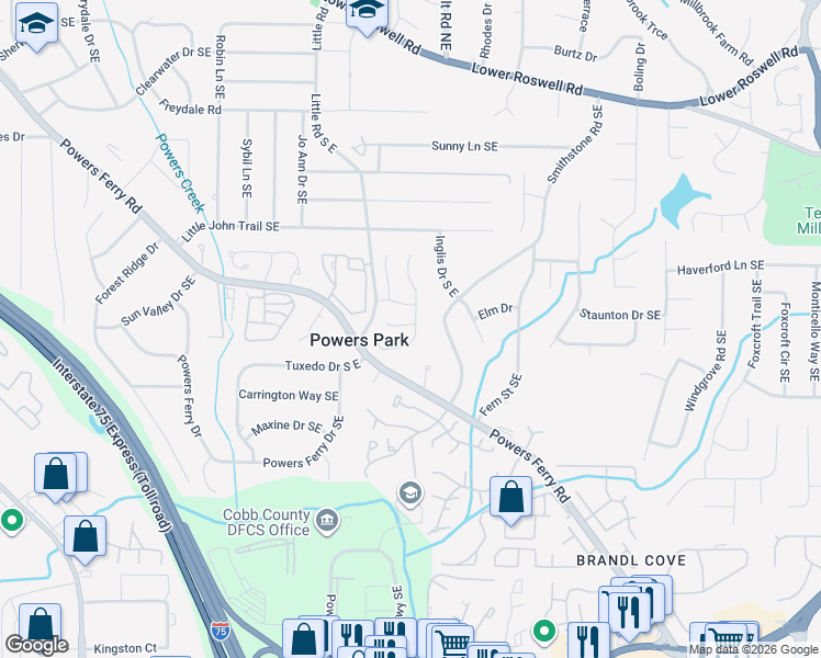 map of restaurants, bars, coffee shops, grocery stores, and more near 589 Lullingstone Drive Southeast in Marietta
