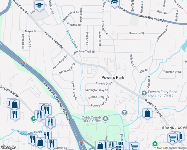 map of restaurants, bars, coffee shops, grocery stores, and more near 2332 Trellis Lane Southeast in Marietta