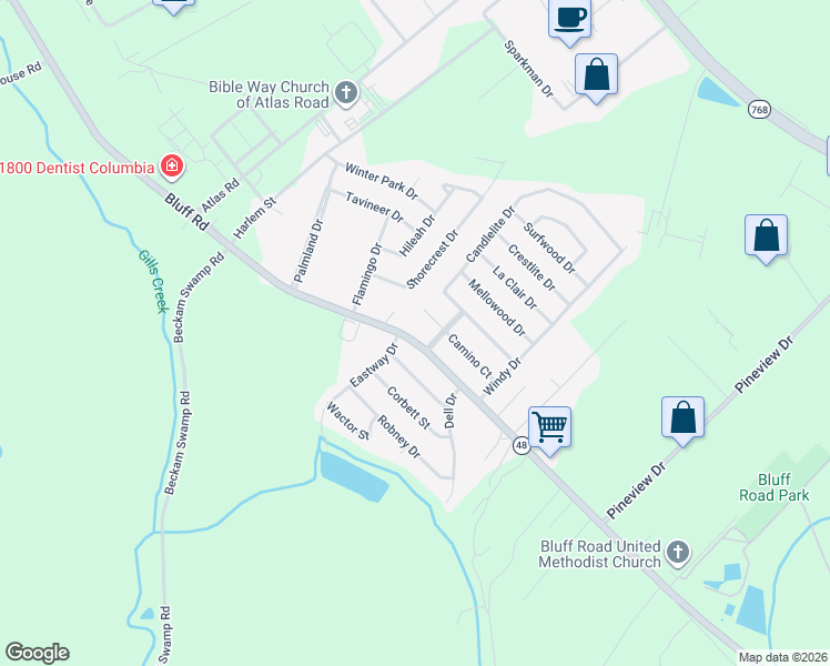 map of restaurants, bars, coffee shops, grocery stores, and more near 4502 Bluff Road in Columbia