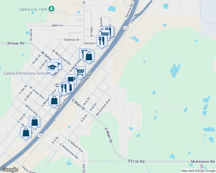 map of restaurants, bars, coffee shops, grocery stores, and more near 415 East Haynie Avenue in Calera