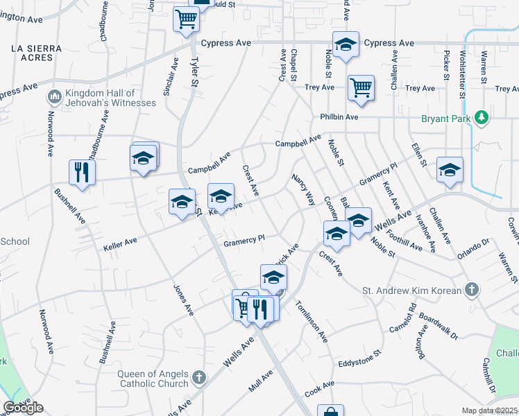 map of restaurants, bars, coffee shops, grocery stores, and more near 5382 Crest Avenue in Riverside