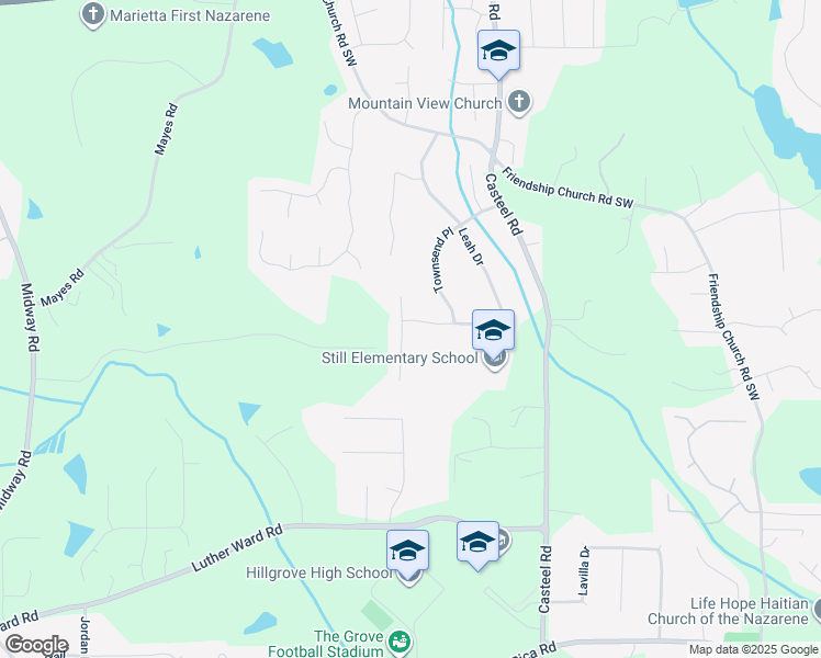 map of restaurants, bars, coffee shops, grocery stores, and more near 621 Leah Drive in Powder Springs