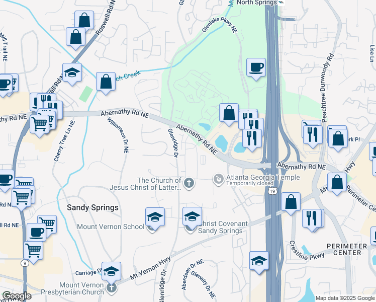 map of restaurants, bars, coffee shops, grocery stores, and more near 6500 Aria Boulevard in Sandy Springs
