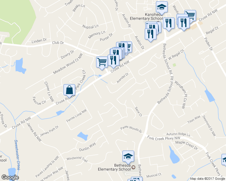 map of restaurants, bars, coffee shops, grocery stores, and more near 2975 Camelot Woods Dr NW in Lawrenceville