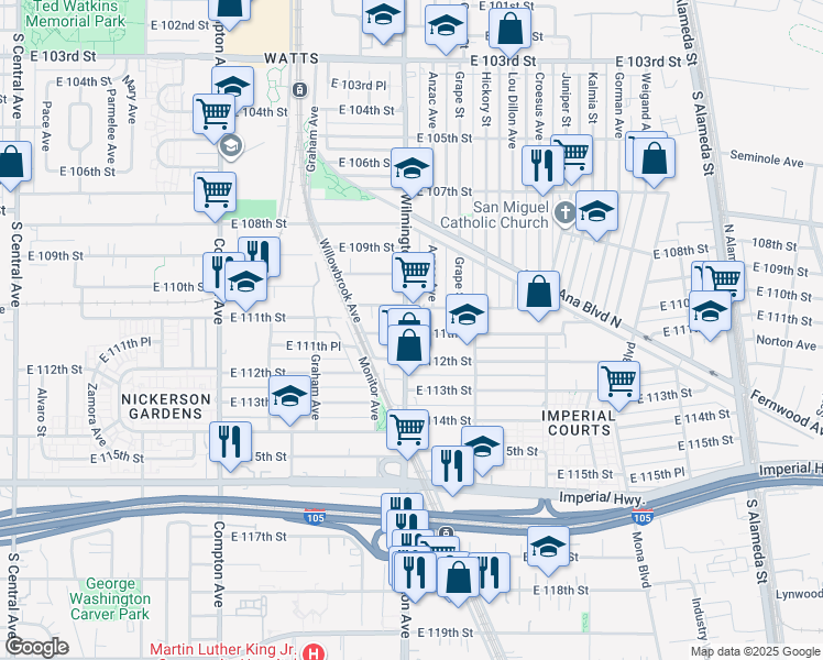 map of restaurants, bars, coffee shops, grocery stores, and more near 11026 Wilmington Avenue in Los Angeles