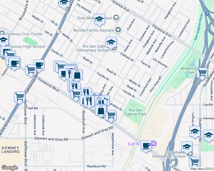 map of restaurants, bars, coffee shops, grocery stores, and more near 10822 Hasty Avenue in Downey