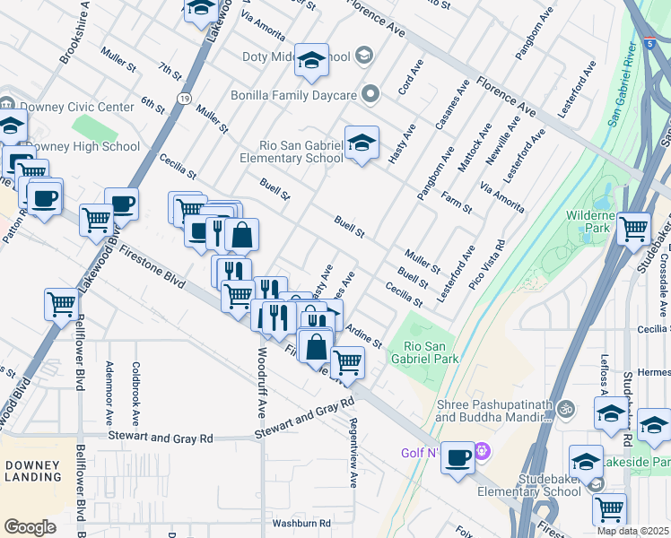 map of restaurants, bars, coffee shops, grocery stores, and more near 10822 Hasty Avenue in Downey