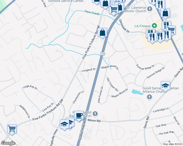 map of restaurants, bars, coffee shops, grocery stores, and more near 754 Longleaf Drive in Lawrenceville
