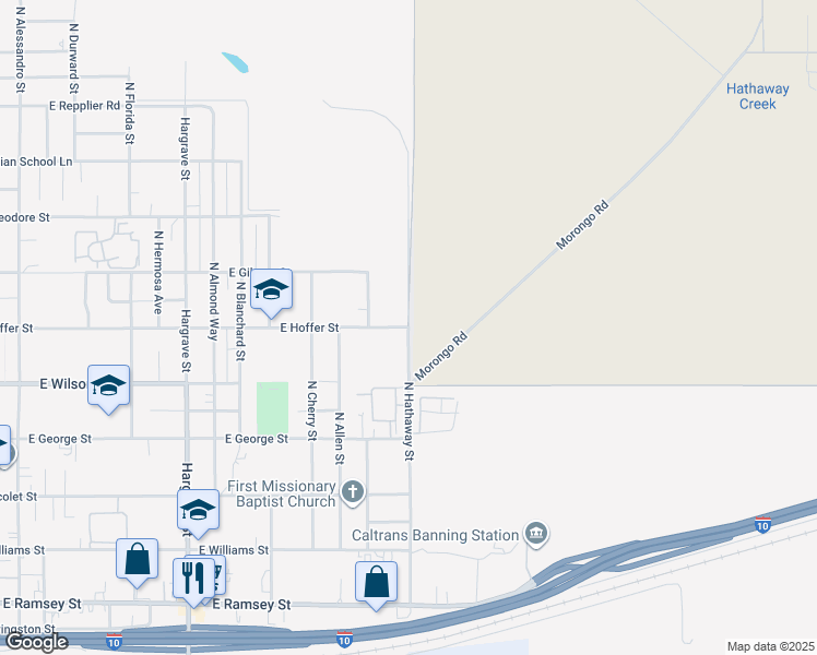 map of restaurants, bars, coffee shops, grocery stores, and more near 1498 East Hoffer Street in Banning