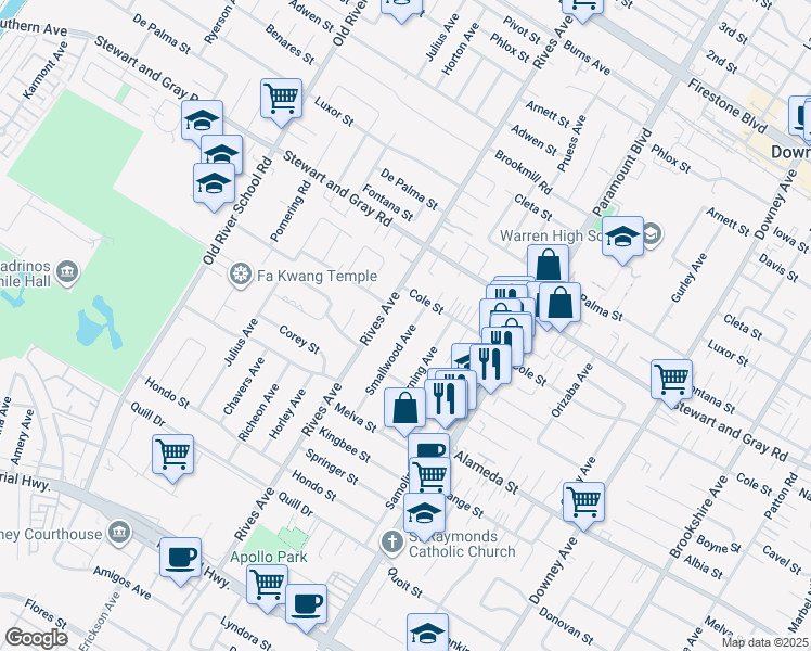 map of restaurants, bars, coffee shops, grocery stores, and more near 12037 Smallwood Avenue in Downey