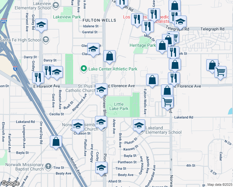 map of restaurants, bars, coffee shops, grocery stores, and more near 11824 Florence Avenue in Santa Fe Springs