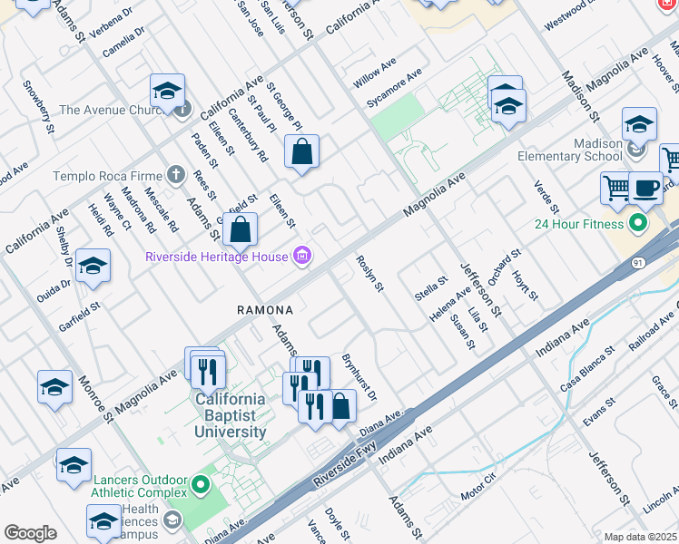 map of restaurants, bars, coffee shops, grocery stores, and more near 8124 Magnolia Avenue in Riverside