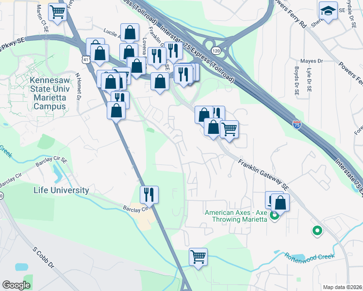map of restaurants, bars, coffee shops, grocery stores, and more near 1605 Augusta Drive in Marietta
