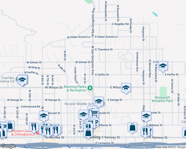 map of restaurants, bars, coffee shops, grocery stores, and more near 2 West Hoffer Street in Banning