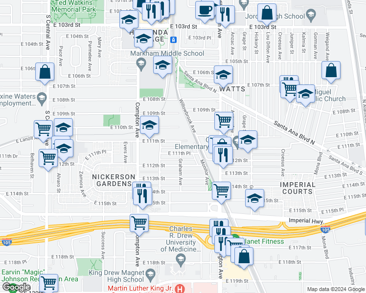 map of restaurants, bars, coffee shops, grocery stores, and more near 11108 Graham Avenue in Los Angeles