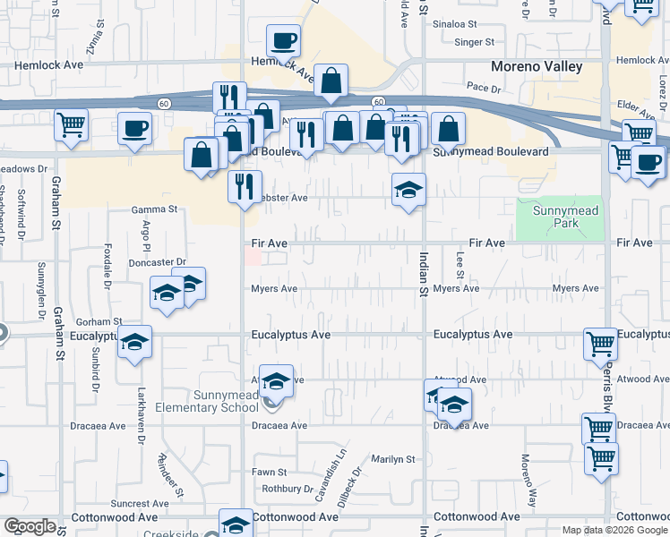 map of restaurants, bars, coffee shops, grocery stores, and more near 24270 Myers Avenue in Moreno Valley