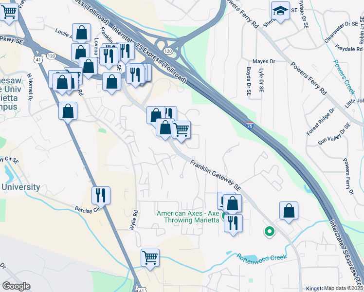 map of restaurants, bars, coffee shops, grocery stores, and more near 739 Franklin Gateway Southeast in Marietta