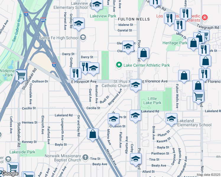 map of restaurants, bars, coffee shops, grocery stores, and more near 10822 Jersey Avenue in Santa Fe Springs