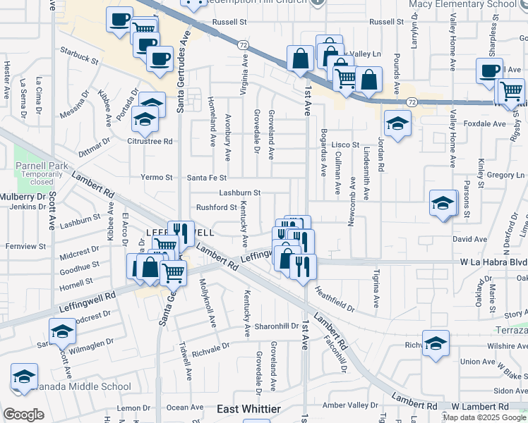 map of restaurants, bars, coffee shops, grocery stores, and more near 10930 Grovedale Drive in Whittier