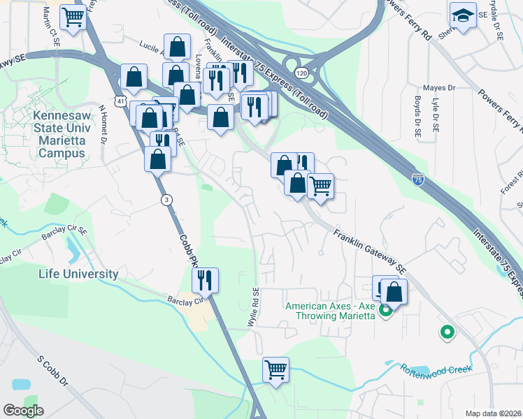 map of restaurants, bars, coffee shops, grocery stores, and more near 779 Wylie Road in Marietta