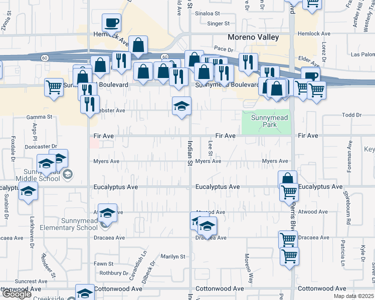 map of restaurants, bars, coffee shops, grocery stores, and more near 12755 Indian Street in Moreno Valley