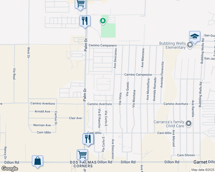 map of restaurants, bars, coffee shops, grocery stores, and more near 65283 Avenida De Paz in Desert Hot Springs