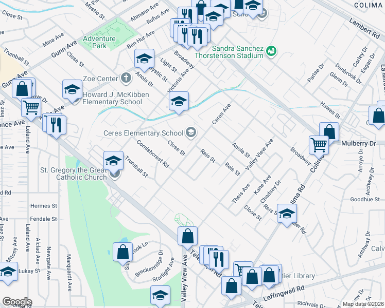 map of restaurants, bars, coffee shops, grocery stores, and more near 10634 Ceres Avenue in Whittier