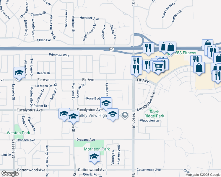 map of restaurants, bars, coffee shops, grocery stores, and more near 26814 Sugarcane Drive in Moreno Valley