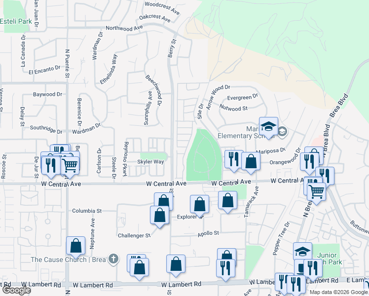 map of restaurants, bars, coffee shops, grocery stores, and more near 1051 Site Drive in Brea