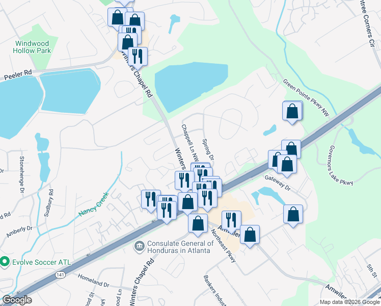 map of restaurants, bars, coffee shops, grocery stores, and more near 3227 Chappell Lane Northwest in Doraville