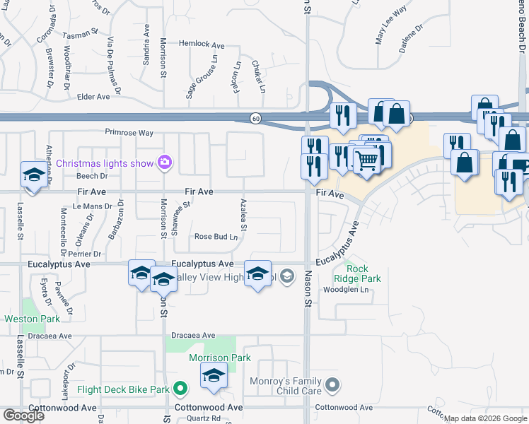 map of restaurants, bars, coffee shops, grocery stores, and more near 26856 Sugarcane Drive in Moreno Valley
