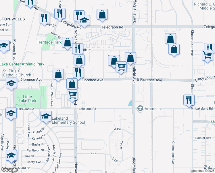 map of restaurants, bars, coffee shops, grocery stores, and more near 12418 Florence Avenue in Santa Fe Springs