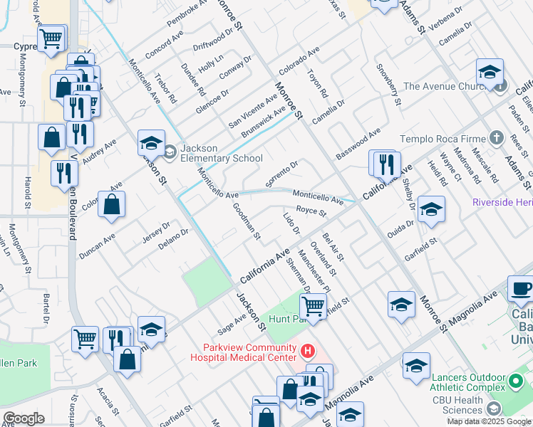 map of restaurants, bars, coffee shops, grocery stores, and more near 4344 Royce Street in Riverside