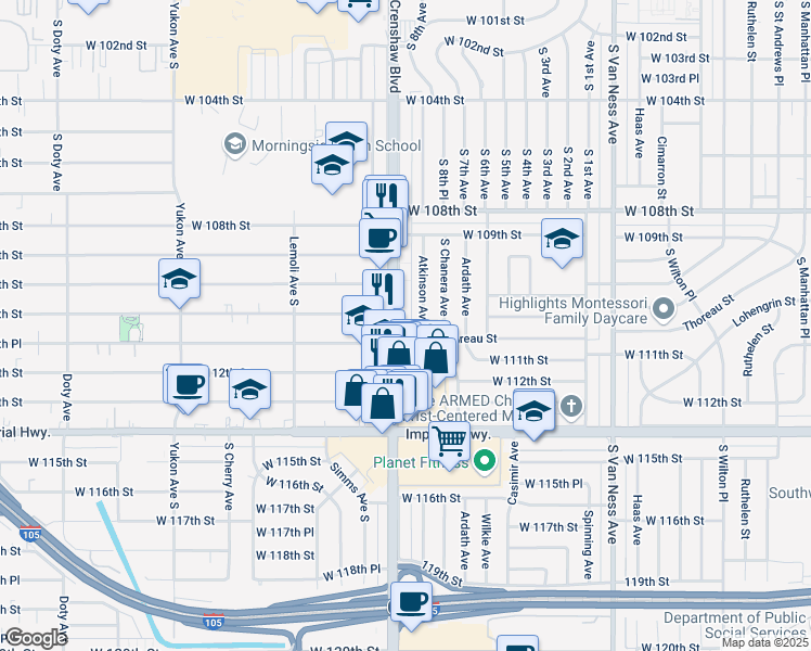 map of restaurants, bars, coffee shops, grocery stores, and more near 11112 Crenshaw Boulevard in Inglewood