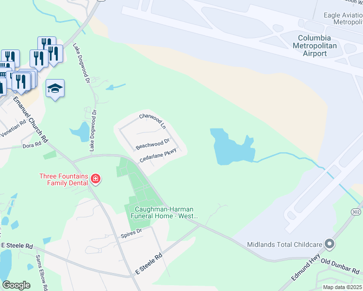 map of restaurants, bars, coffee shops, grocery stores, and more near 701 Charwood Lane in West Columbia