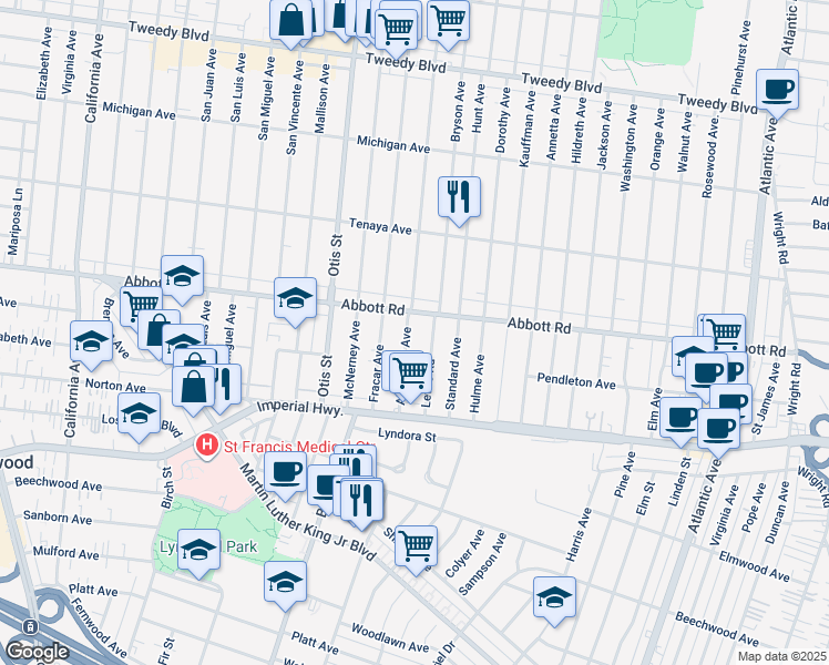 map of restaurants, bars, coffee shops, grocery stores, and more near 10760 Alexander Avenue in Lynwood
