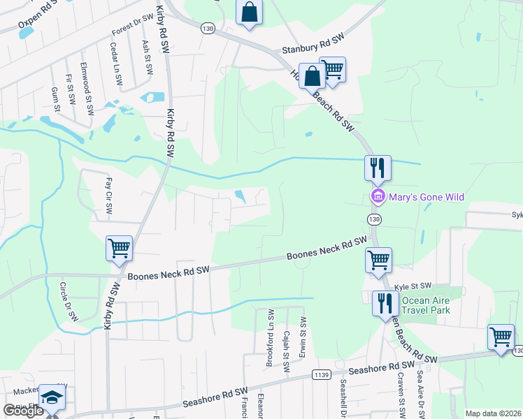 map of restaurants, bars, coffee shops, grocery stores, and more near 1947 Quail Roost Drive Southwest in Brunswick County