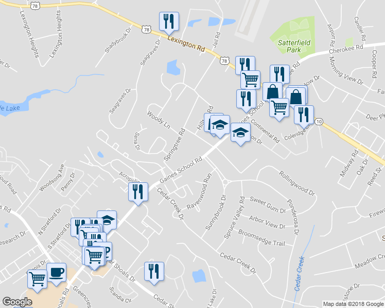 map of restaurants, bars, coffee shops, grocery stores, and more near 460 Gaines School Road in Athens