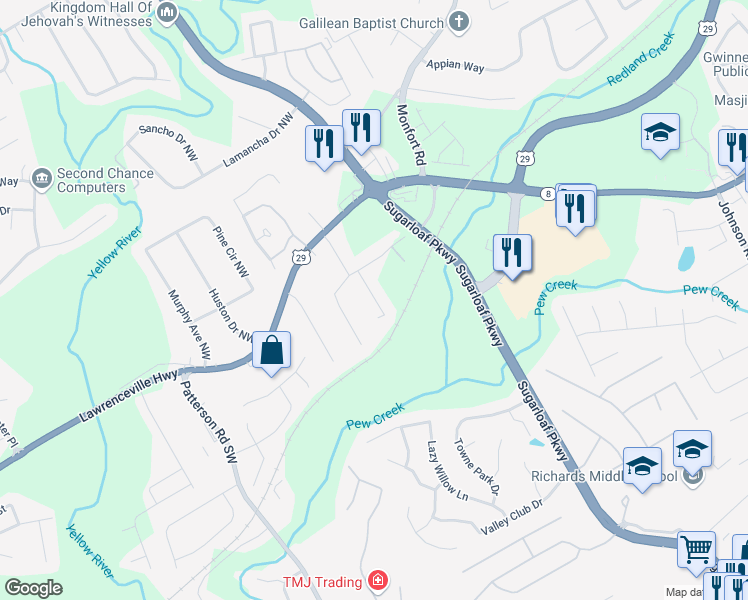 map of restaurants, bars, coffee shops, grocery stores, and more near 88 Caboose Court Northwest in Lawrenceville