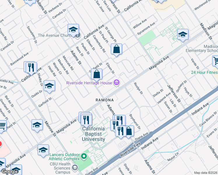 map of restaurants, bars, coffee shops, grocery stores, and more near 3827 Gates Place in Riverside