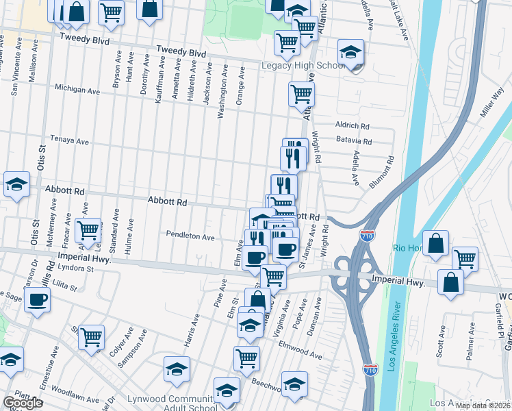 map of restaurants, bars, coffee shops, grocery stores, and more near 4921 Abbott Road in Lynwood