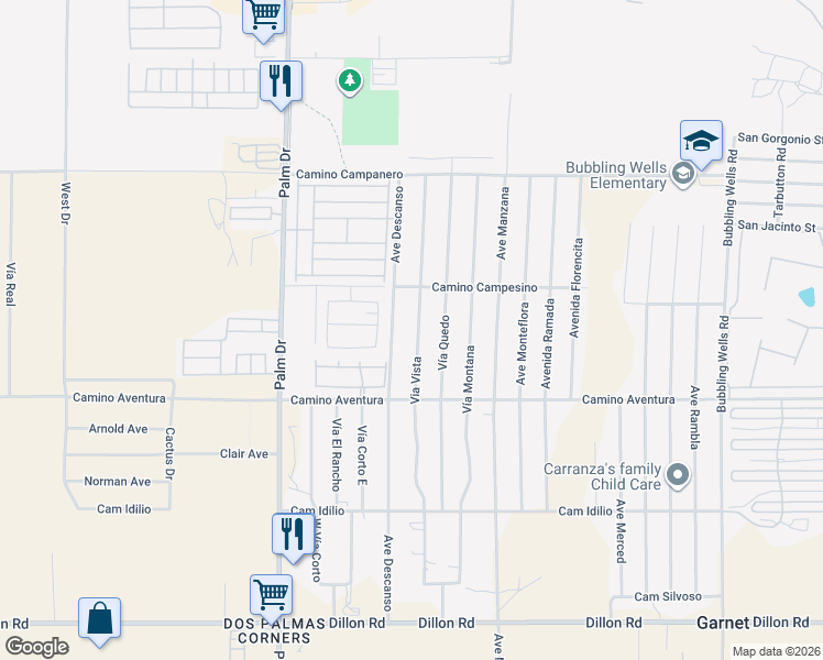 map of restaurants, bars, coffee shops, grocery stores, and more near 15685 Via Vista in Desert Hot Springs