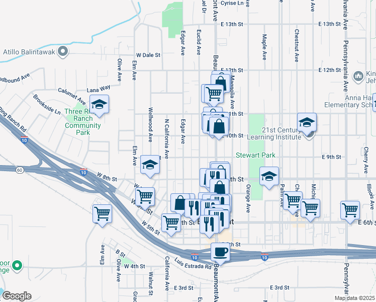 map of restaurants, bars, coffee shops, grocery stores, and more near 926 Edgar Avenue in Beaumont