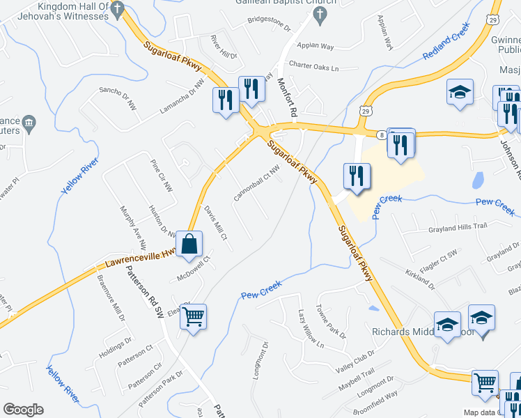 map of restaurants, bars, coffee shops, grocery stores, and more near 92 Caboose Court Northwest in Lawrenceville