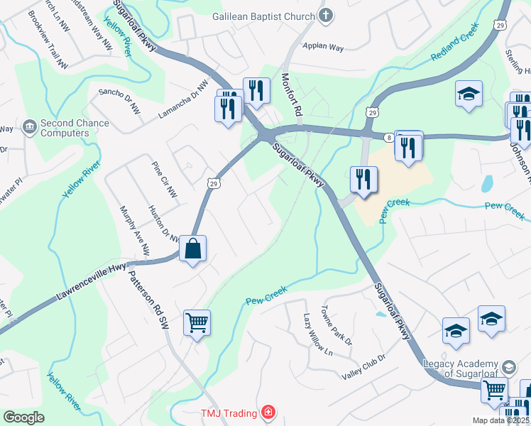 map of restaurants, bars, coffee shops, grocery stores, and more near 90 Caboose Court Northwest in Lawrenceville