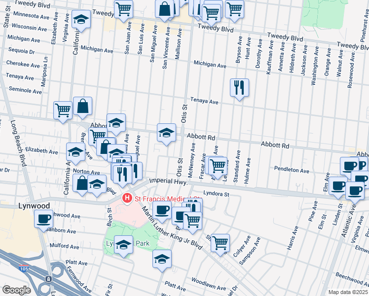 map of restaurants, bars, coffee shops, grocery stores, and more near 10760 Otis Street in Lynwood