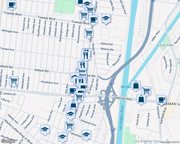 map of restaurants, bars, coffee shops, grocery stores, and more near 10530 Atlantic Avenue in South Gate
